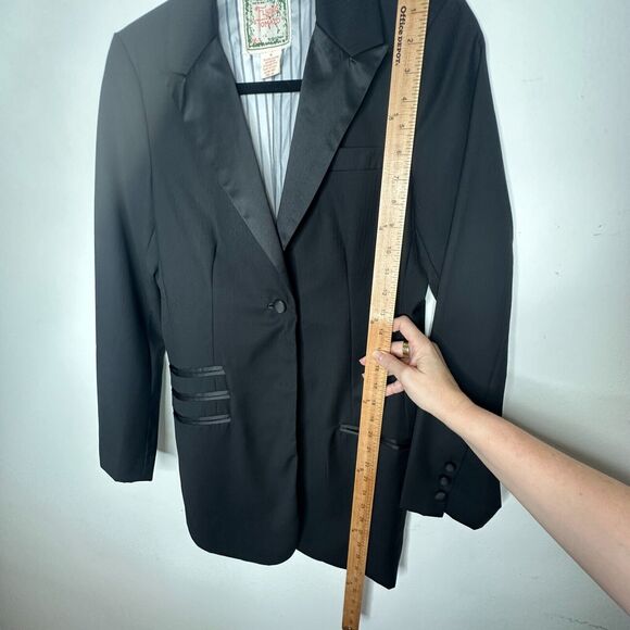 Flying Tomato Black Long One-Button Tuxedo Blazer Satin Trim Lapel & Pockets M - Picture 8 of 12